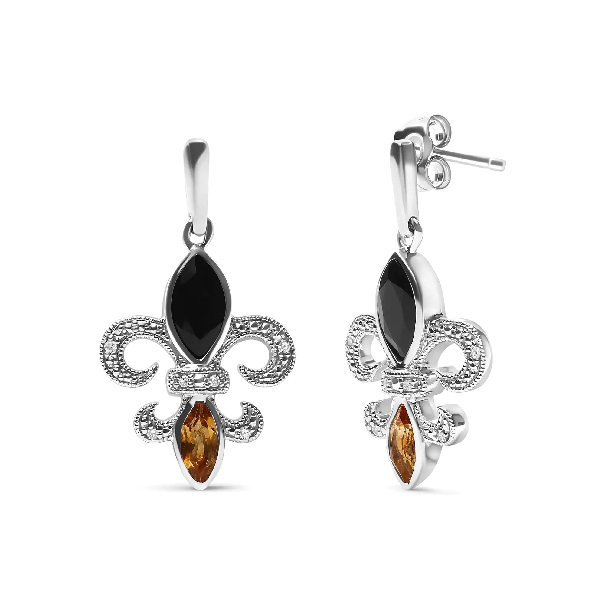 .925 Sterling Silver Marquise Cut Onyx and Citrine with Diamond Accent Fleur De Lis Drop Stud Earrings (H-I Color, SI1-SI2 Clarity)