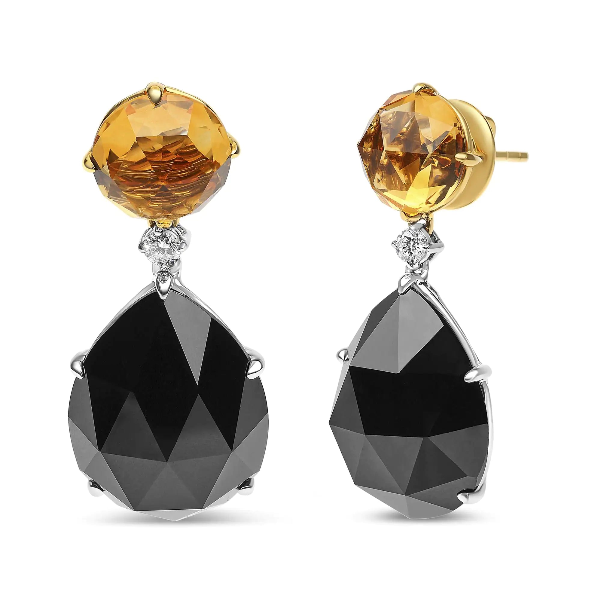 18K White and Yellow Gold 1/5 Cttw Diamond with Round Yellow Citrine and 20x15mm Pear Cut Black Onyx Gemstone Dangle Earring (G-H Color, SI1-SI2 Clarity)