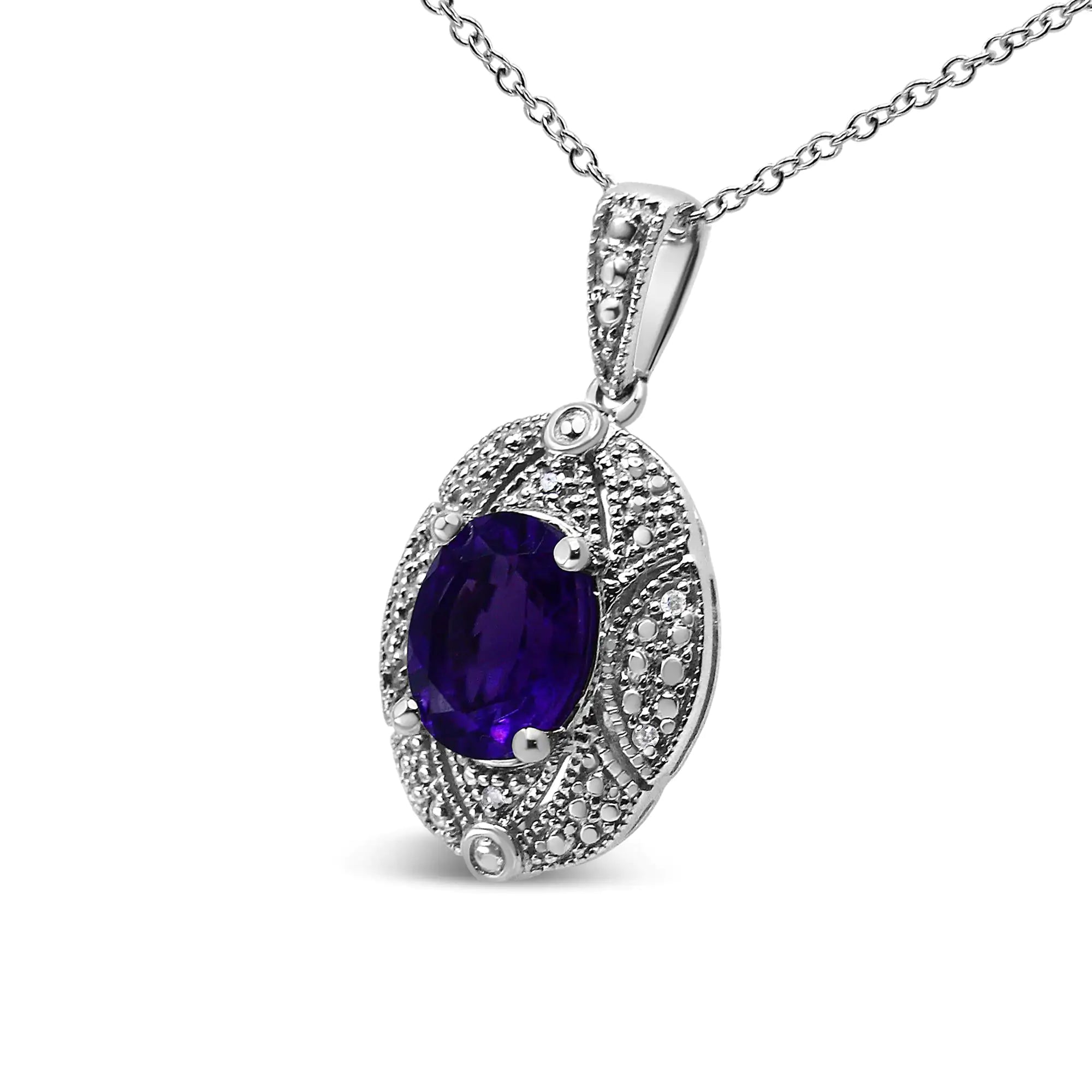 .925 Sterling Silver Diamond Accent and 9x7mm Purple Oval Amethyst Gemstone Pendant 18" Necklace (I-J Color, I1-I2 Clarity)